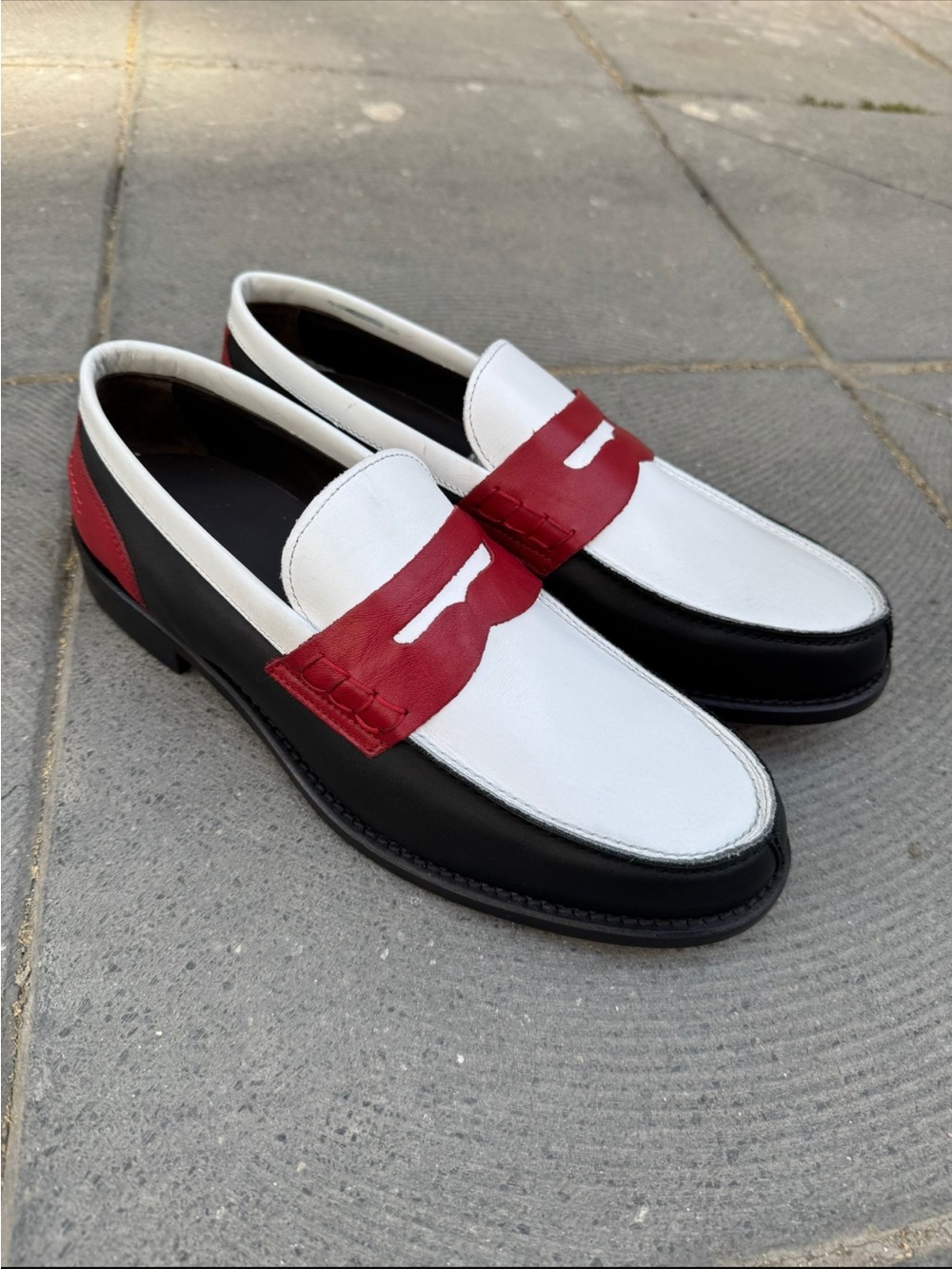 Men's Tri-Color Leather Penny Loafers - White/Blue/Red - Picture 3 of 3